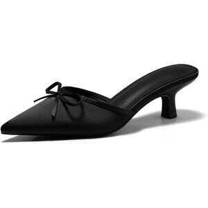 Women's Black Kitten Heels Mules with Bow Satin Slip on Pumps Pointed Toe